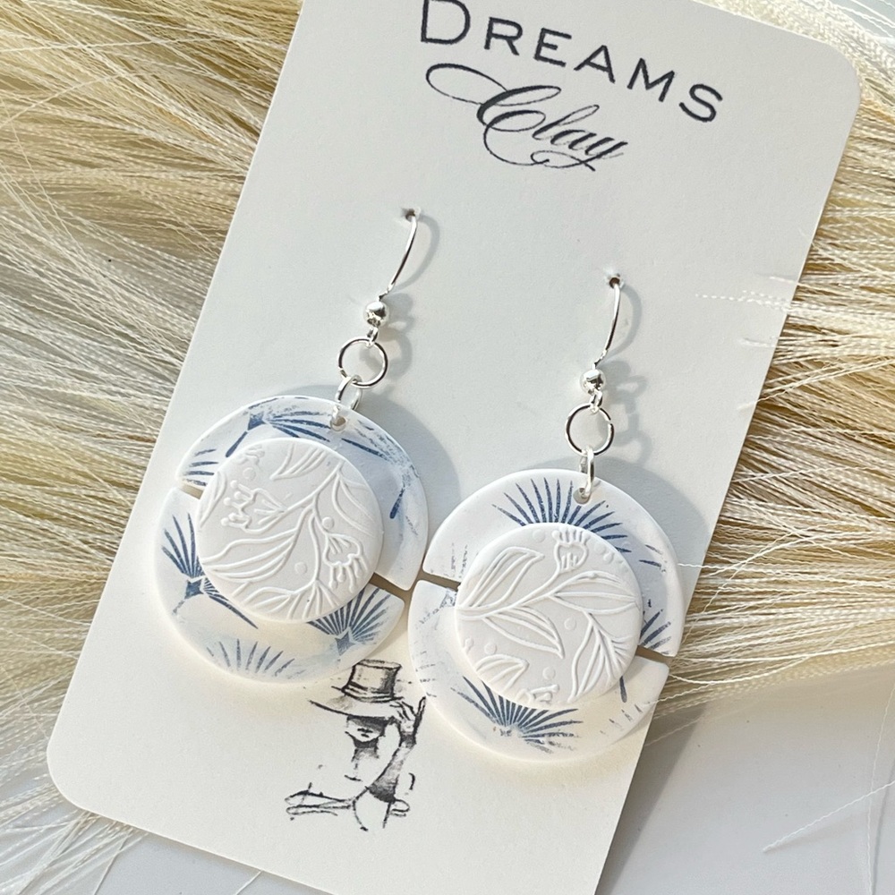 White & Blue Floral Drop Earrings - Picture 1 of 4
